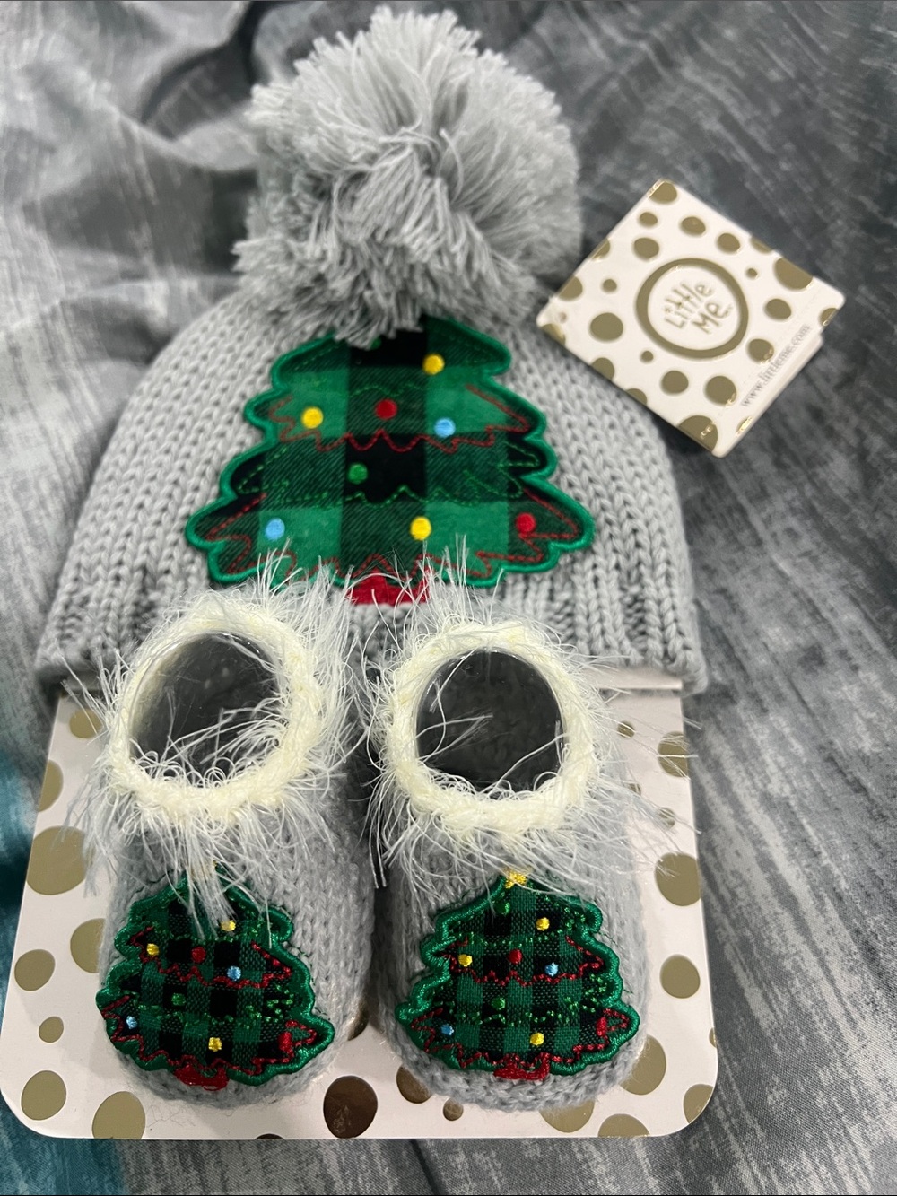 Little Me Gray Knit Pom Beanie and Booties Set with Green Plaid Tree Appliques